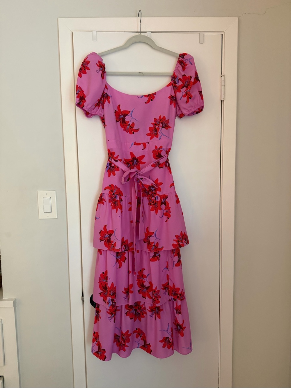 Likely Pink Floral Tiered Midi Dress with Puff Sleeves and Tie Waist